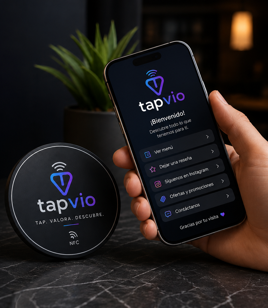 Punto NFC de TAPVIO junto a un móvil mostrando el perfil de un negocio